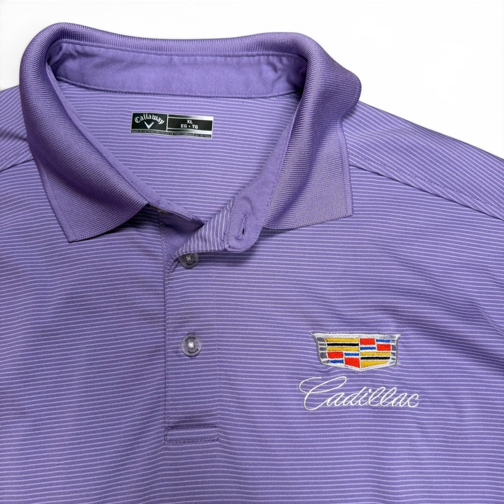 Callaway Men XL Purple Striped Cadillac Golf Polo Shirt Short Sleeve Performance